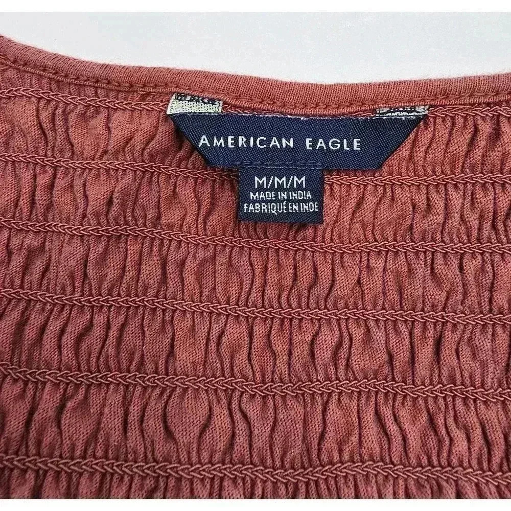 American Eagle Women's Size M Burgundy Smocked Cotton Top - Picture 3 of 6